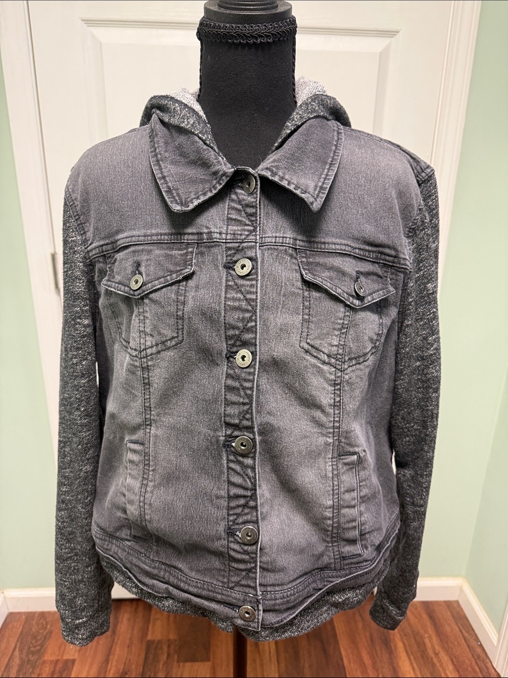 lei Grey Hooded Denim Jacket with Knit Sleeves
